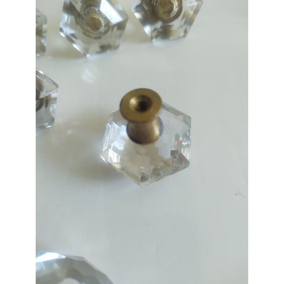 Vintage Cut Glass Drawer Pulls 1 1/4" Hexagonal Brass Inserts (lot of 11) - Picture 8 of 13